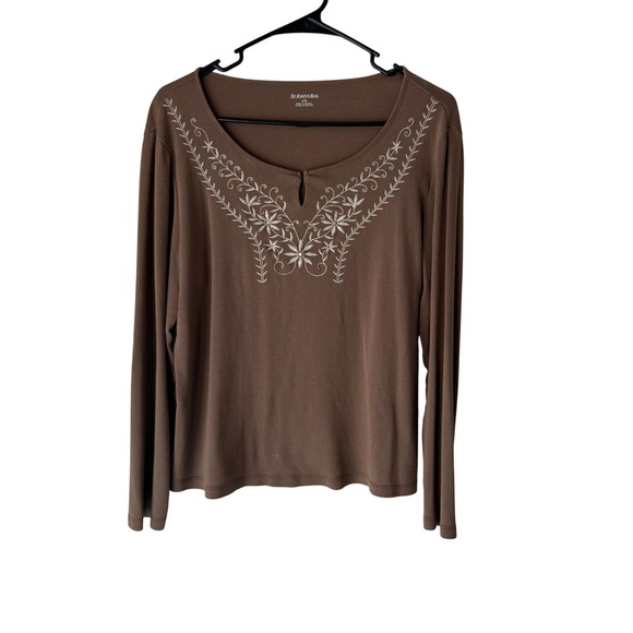 St Johns Bay Tops - St Johns Bay Brown Long Sleeve Embroidered Boho Peasant Top‎ Women's Large